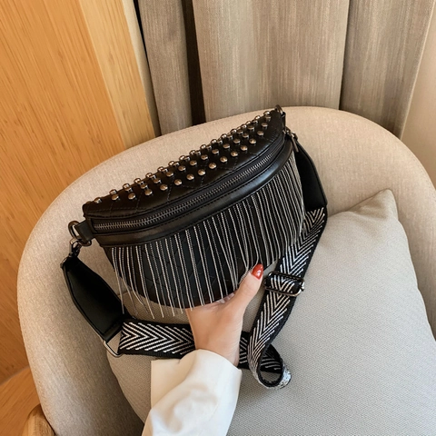 Women Quilted PU Leather Waist Bag Metal Tassels Studs Decoration Wide Woven Strap Half Moon Chest Bag