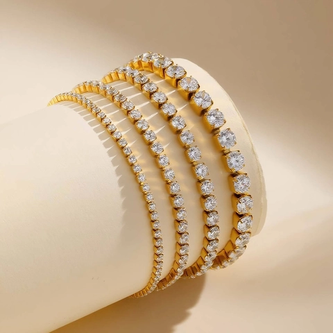 Klassisches Edelstahl Zirkon Tennis Armband Für Damen 18K Vergoldet Silber Zirkonia Gliederkette Armband Schmuck Geschenk