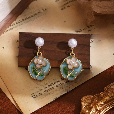 French Vintage Floral Drop Earrings Alloy Enamel With Faux Artificial Pearl And Stainless Steel Earring Post Jewelry For Women