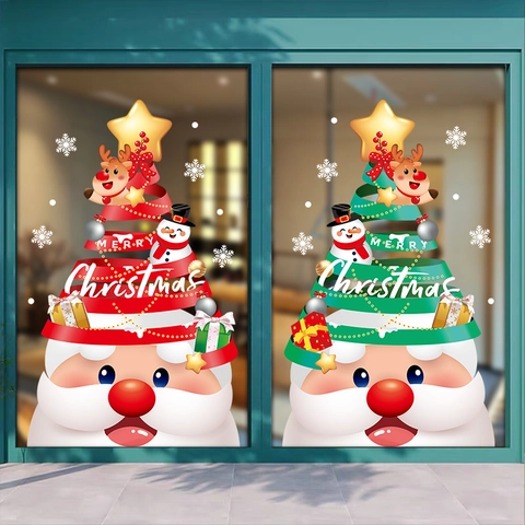 Christmas Window Stickers Static PVC Double Sided Glass Decals Cartoon Santa Reindeer Snowman Holiday Home Decor