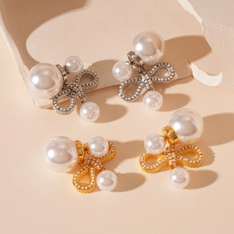 Orecchini A Fiocco Perla Artificial D'imitazione Con Silver Earring Post Elegante Dolce Placcato Oro E Argento Gioielli Per Donne