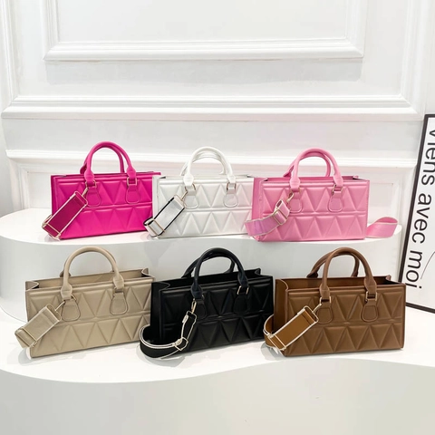 Women Geometric Triangle Quilted Handbag PU Leather Small Square Shoulder Bag With Wide Strap Solid Color Retro Style