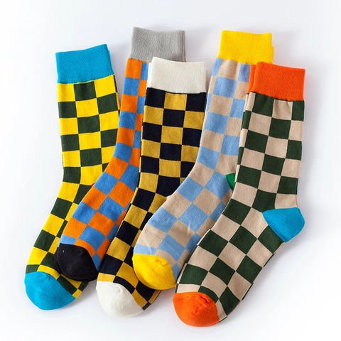 Baumwolle Schachbrettmuster Crew Socken Retro Karo Color Block Atmungsaktiv Streetwear Hip Hop Mode Für Damen Herren