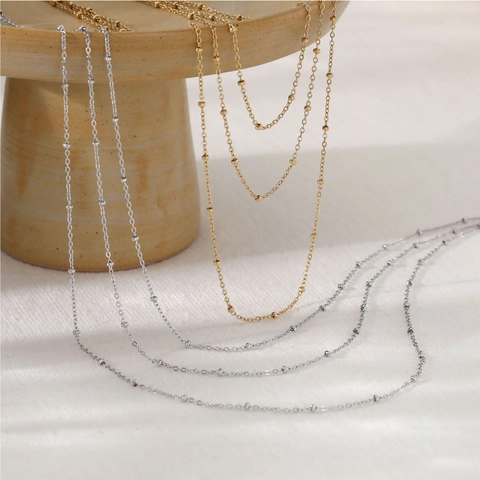Collier Multi Rangs En Acier Inoxydable Trois Couches Chaîne Satellite Perles Bijoux Géométriques Pour Femmes
