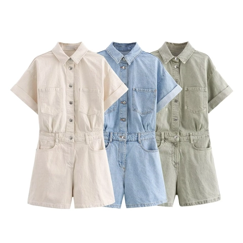 Women Short Sleeve Denim Romper Button Down Utilitarian Pocket Summer Casual Streetwear Jumpsuit Cotton