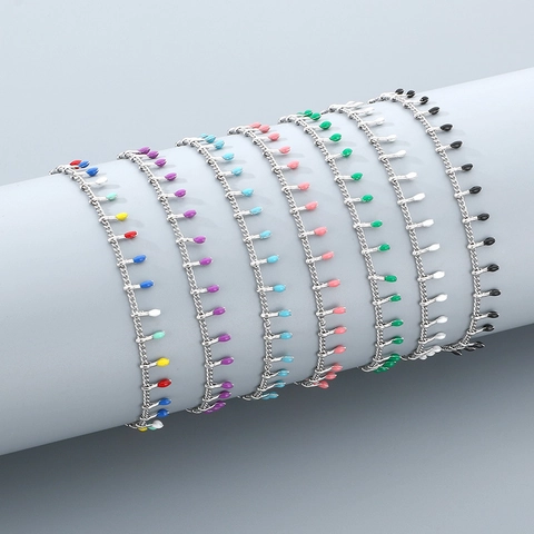 Stainless Steel Anklet With Colorful Enamel Water Drop Pendants Bohemian Beach Holiday Jewelry For Women