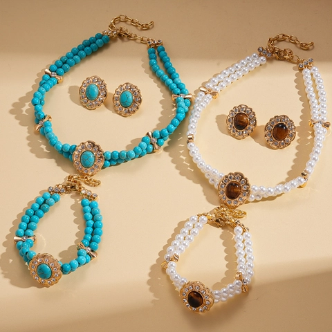 Collar Pulsera Pendientes Barrocos Vintage Doble Capa Perla Artificial De Imitación Piedra Aleación Silver Earring Post Strass Mujer
