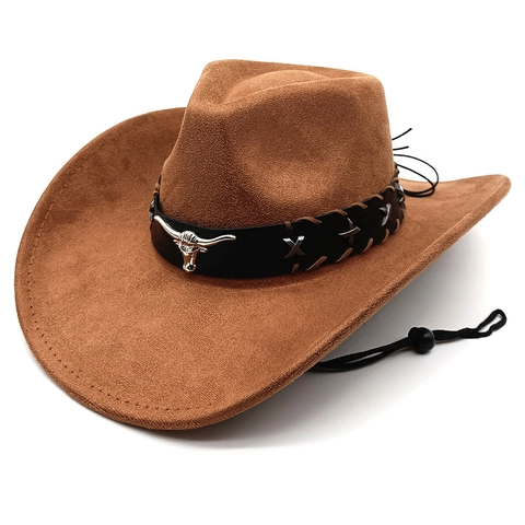 Cappello Da Cowboy Western Vintage Scamosciato Tesa Larga Con Decoro Testa Di Toro Corda Antivento Regolabile Cappello Da Sole Esterno