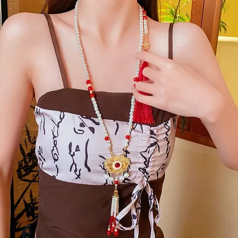 Collana Lunga Stile Cinese Phoenix Peace Lock Con Lega Perla Artificial Imitazione Vetro Rosso E Nappina In Raso Per Donne