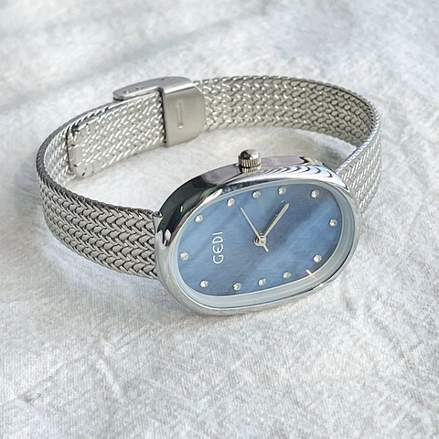 Women's Quartz Watch Oval Mother Of Artificial Pearl Dial Rhinestone Alloy Mesh Band Elegant Fashion Timepiece