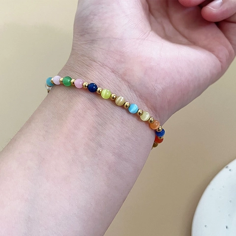 Kleurrijke Kattenoog Steen Kralen Armband Mode Roestvrij Staal Verstelbare Ketting Sieraden Voor Dames