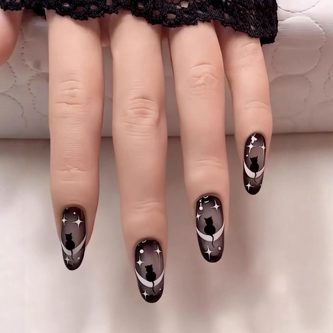 Lange Amandel Press On Nagels Dark Gothic Stijl Zwart Grijs Verloop Kat Maan Sterrennacht Ontwerp ABS Kunstnagels