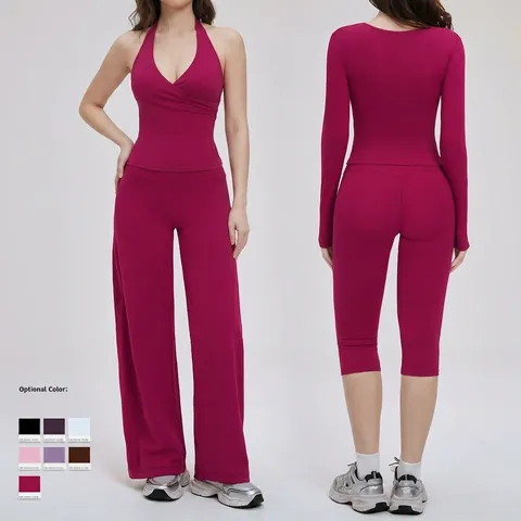 Yoga Dames Polyamide Spandex Geborsteld V-Hals Jas Beha En Wijde Pijpen Broek Hoge Elasticiteit Fitness