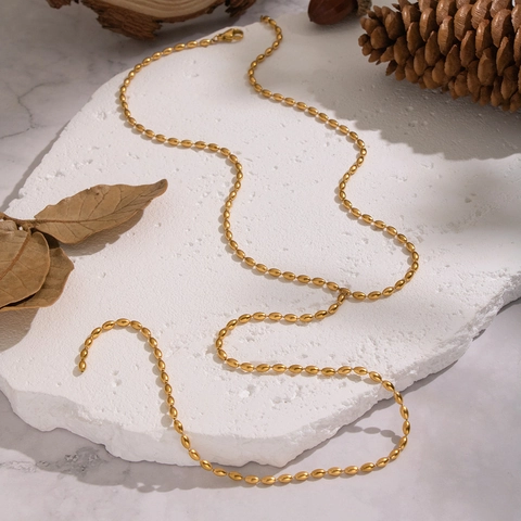 Y Necklace 18K Gold Plated Stainless Steel Beaded Chain Oval Beads Minimalist Versatile Jewelry For Women Waterproof