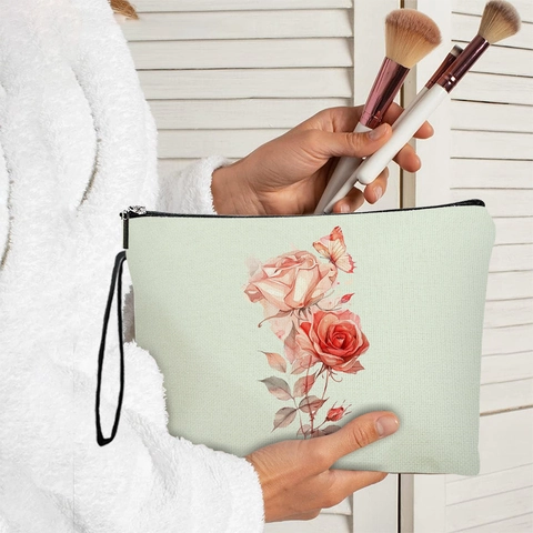 Borsa Per Cosmetici Stampa Fiori Rosa Farfalla Lino Fine Pochette Trucco Con Cerniera E Cinturino Da Polso Viaggio