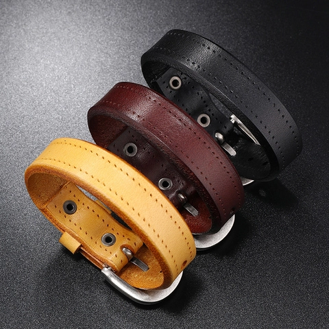 Punk Rock Leather Bracelet Vintage Cowhide Wide Band Hand Strap With Metal Buckle Minimalist Jewelry For Men Women