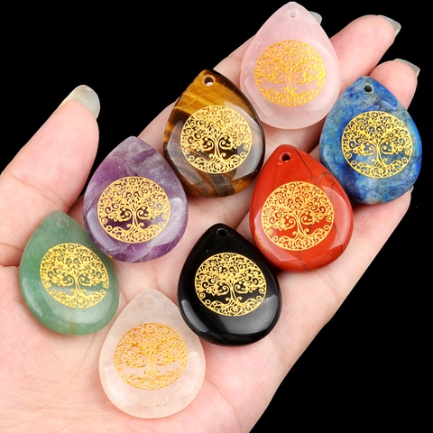 Tree Of Life Carved Teardrop Pendant Natural Gemstone Crystal Healing Stone Reiki Jewelry Accessory For Necklace DIY