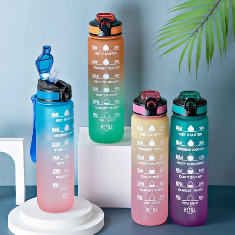 Gradiënt Matte Sportwaterfles Met Tijdmarkering Motiverende Citaten Kunststof Grote Capaciteit Lekvrij Rietje Beker Met Koord Voor Fitness Outdoor Gym