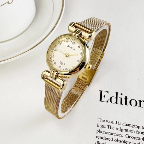 Women's Quartz Watch Gold Alloy Mesh Band Vintage Elegant Rhinestone Accented Dial Casual Dress Wristwatch For Ladies
