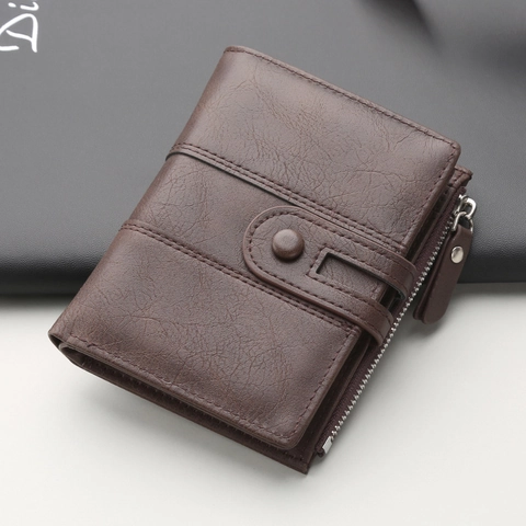 Vintage Men Bifold Wallet PU Leather Short Purse With Zipper Pocket Snap Button Closure Multi Card Slots Business