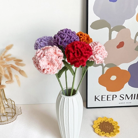 Handmade Crochet Carnation Bouquet Woolen Knitted Artificial Flowers For Mother's Day Home Decor Gift Finished Knitted Flower