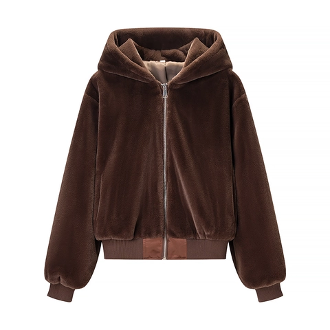 Women Hooded Faux Fur Jacket Solid Color Zip Up Plush Warm Winter Long Sleeve Outwear Fashion Casual Ribbed Cuff