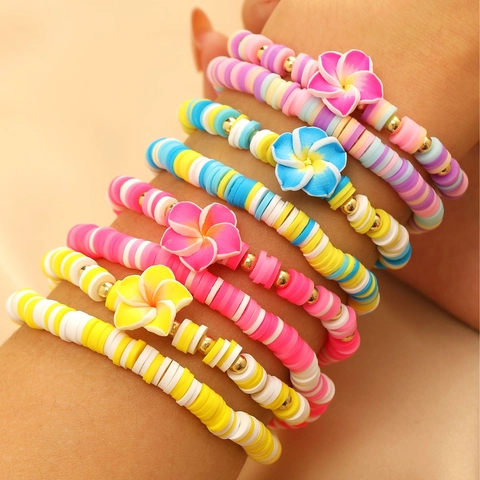 Juego de Pulseras de Cuentas de Arcilla Polimérica Bohemia para Mujer Hecho a Mano Flor de Plumeria Estrella de Mar Joyas de Playa Aloha