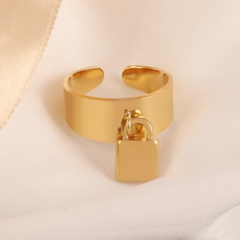 Stainless Steel Padlock Charm Ring Adjustable Wide Band Gold Plated Punk Fashion Statement Jewelry For Women Girls