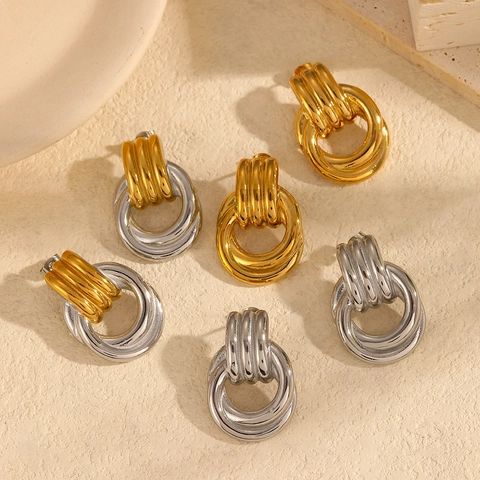 Orecchini A Cerchio Geometrici Acciaio Inossidabile Placcato Oro 18K Multistrato Strutturato Stile Vintage Industriale Donna