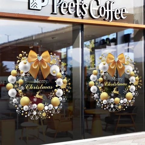 Christmas Window Cling Static Sticker Gold Bow Wreath Deer Snowflake Holiday Shop Home Glass Door Decor Removable PVC