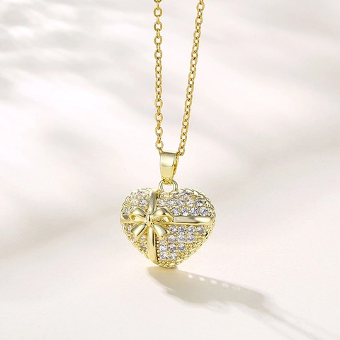 Herz Anhänger Halskette Mit Schleife 18K Vergoldet Edelstahl Kupfer Zirkon Geschenkbox Stil Für Damen