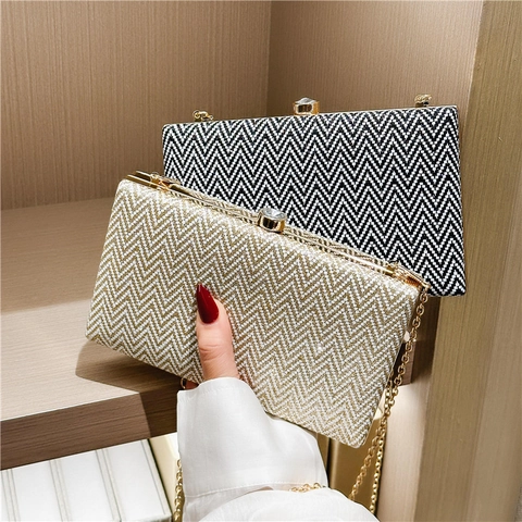 Abendtasche Clutch Damen Fischgrätmuster Acryl Box Handtasche Mit Strassschloss Und Abnehmbarer Metallkette