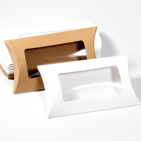 Pillow Gift Boxes Kraft Paper Candy Box With Clear Window For Wedding Party Favor Packaging Jewelry Display