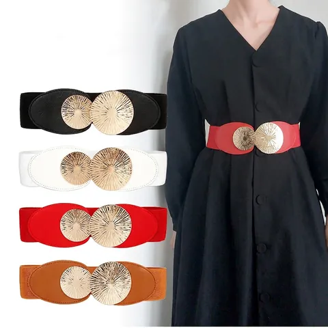 Women Wide Elastic Cinch Belt Retro Double Sunburst Metal Buckle Stretchy Waistband For Dresses Fashion Corset Belt