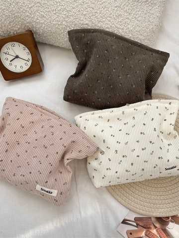 Bloemen Corduroy Make-up Tas Grote Capaciteit Draagbare Toilettas Vintage Esthetische Cosmetische Opslag Voor Dames