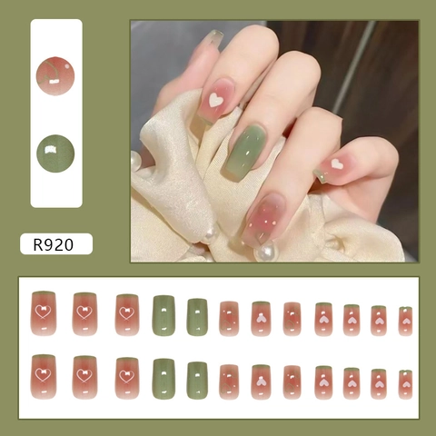 Uñas Postizas Francesas Con Degradado Rosa Verde Y Patrón De Corazón Blanco Plástico ABS Dulce Fresco Mujer