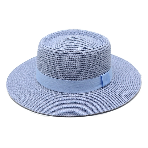 Women Summer Woven Straw Boater Hat Flat Top Wide Brim Sun Protection Beach Vacation Ribbon Band