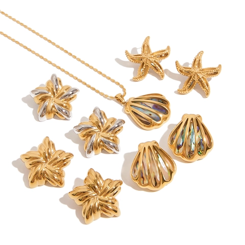 Collana Con Ciondolo Conchiglia Stella Marina Acciaio Inossidabile Placcato Oro 18K Madreperla Abalone Gioielli Spiaggia