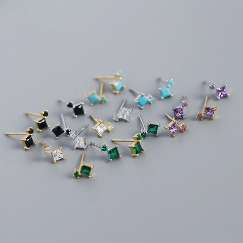 925 Sterling Silver Geometric Square Zirconia Stud Earrings For Women Minimalist Gold Silver Plated Fashion Accessories