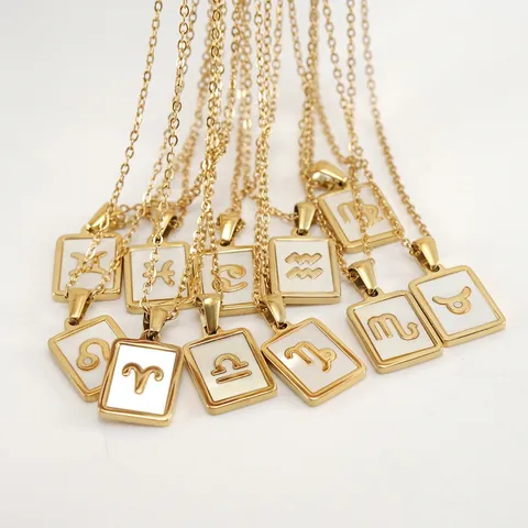 Minimalist 18K Gold Plated Stainless Steel Necklace With Mother Of Artificial Pearl Zodiac Constellation Pendant For Women Fashion Jewelry
