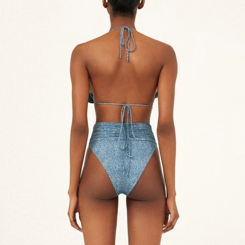 Top Bikini Halter Stampa Denim Con Fiori Rosa 3D Slip A Vita Alta E Gonna A Portafoglio Asimmetrica Da Donna