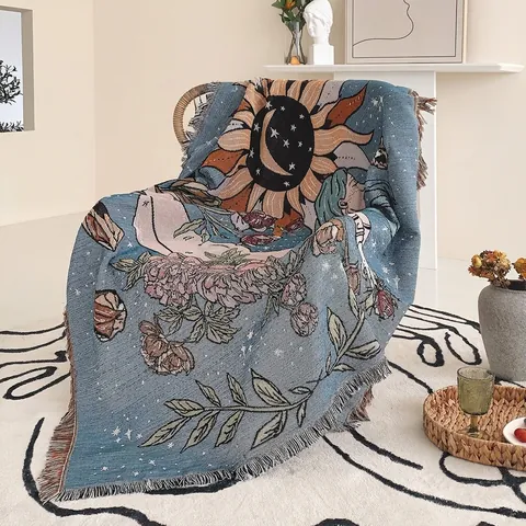 Bohemian Woven Throw Blanket Cotton Tassels Sunflower Moon Goddess Decorative Sofa Couch Cover For Camping Picnic