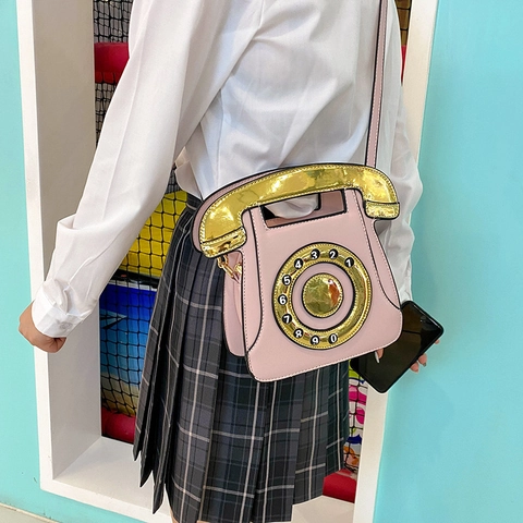 Vintage Telephone Shape Shoulder Crossbody Bag PU Leather Creative Quirky Handbag With Golden Metal Hardware For Women