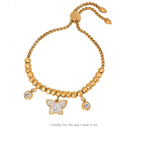 Bracciale Con Perline Farfalla Minimalista Acciaio Al Titanio Zircone Intarsiato Gioielli Regolabili Accessorio Moda Per Donna