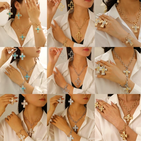 Getextureerde Legering Kruis Ketting Armband En Oorbellen Voor Vrouwen Retro Punk Stijl Dikke Ketting Faux Kunstparel Turquoise Sieraden