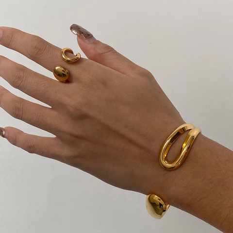 Pulsera Y Anillo Ajustables De Acero Inoxidable Chapado En Oro Forma Gota De Agua Joyería Geométrica Minimalista Para Mujeres