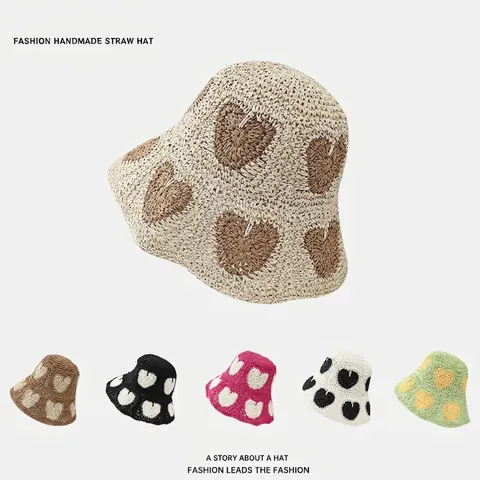 Cappello Pescatore In Paglia Di Carta Crochet Fatto A Mano Motivo Cuore Tesa Larga Pieghevole Traspirante Cappello Da Sole Estivo Donna