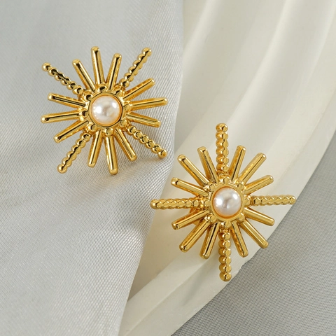 Starburst Stud Earrings 18K Gold Plated Stainless Steel With Artificial Pearl Sunburst Elegant French Style For Women