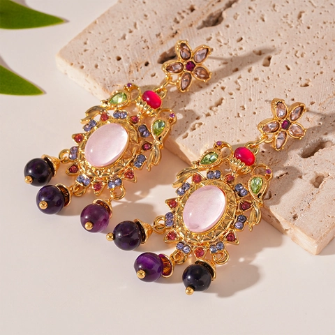 Vintage Blumen Quasten Ohrringe Mit Silver Earring Post Bunte Strass Harz Stein Französisch Hof Stil Schmuck Für Frauen
