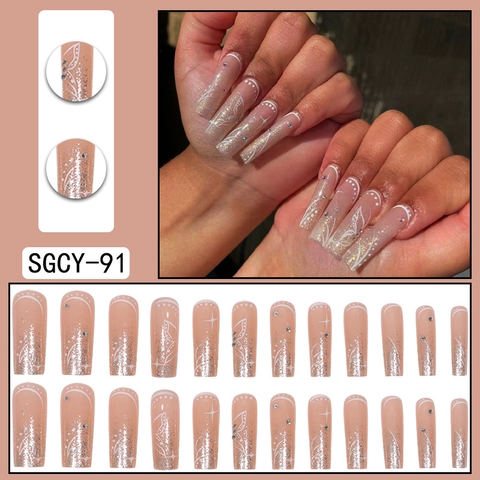 Press On Nails Lange Coffin Künstliche Nägel Mit Schmetterlingsmuster Strass Glitzer Nude Pink Für Frauen